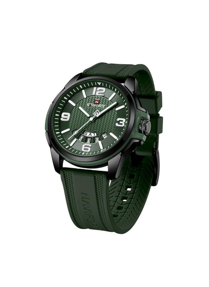 Stylish Mens Sports Watch with Green Dial Silicone Strap Quartz Movement Analog Display Water Resistant 30M Durable and Modern Design