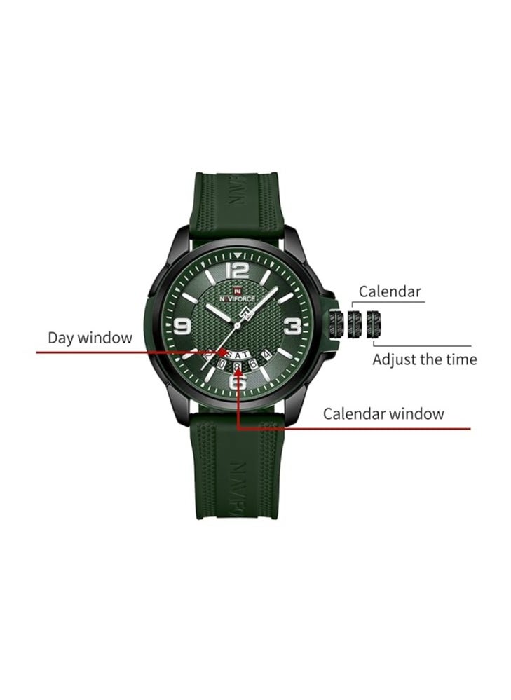 Stylish Mens Sports Watch with Green Dial Silicone Strap Quartz Movement Analog Display Water Resistant 30M Durable and Modern Design