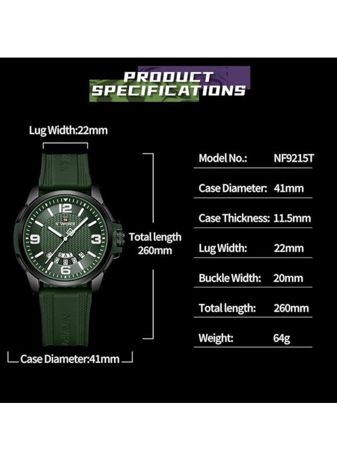 Stylish Mens Sports Watch with Green Dial Silicone Strap Quartz Movement Analog Display Water Resistant 30M Durable and Modern Design