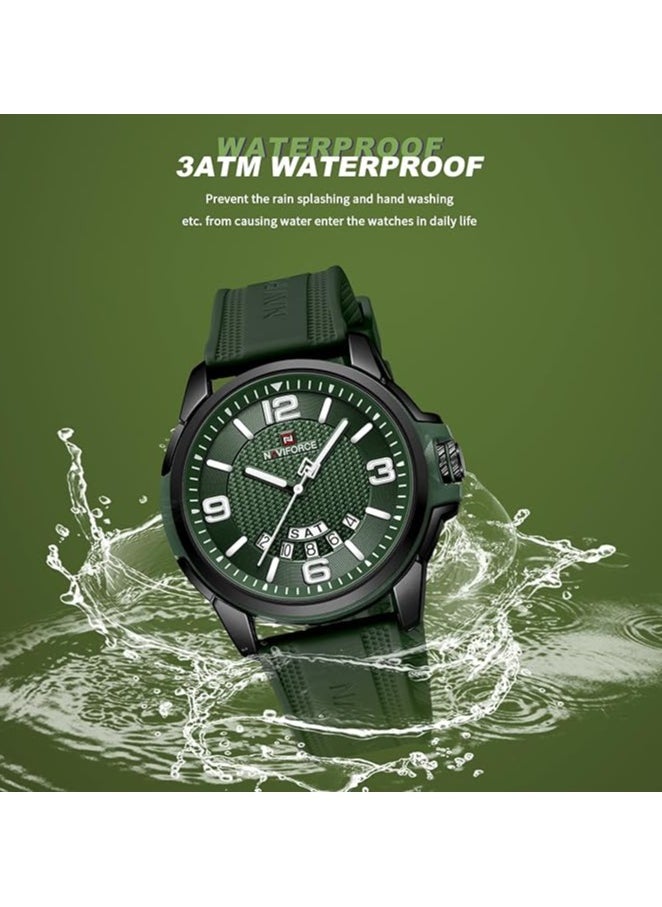 Stylish Mens Sports Watch with Green Dial Silicone Strap Quartz Movement Analog Display Water Resistant 30M Durable and Modern Design