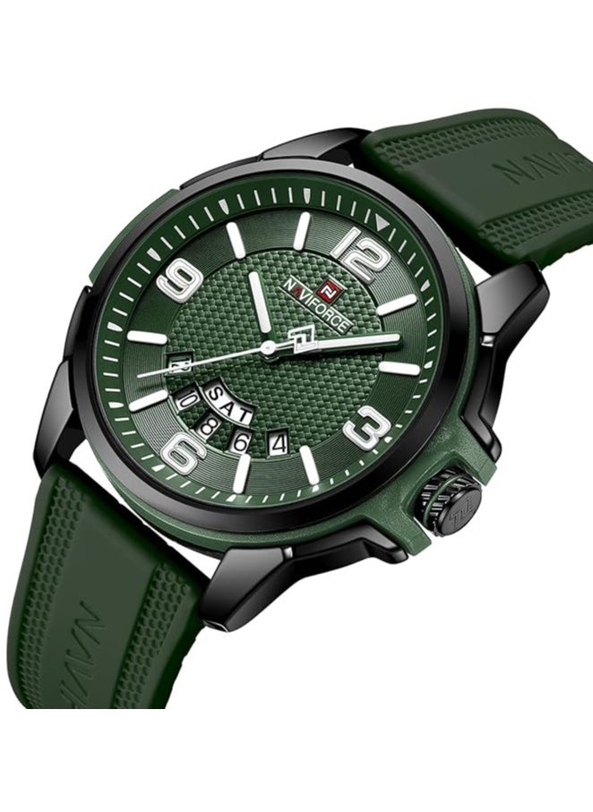 Stylish Mens Sports Watch with Green Dial Silicone Strap Quartz Movement Analog Display Water Resistant 30M Durable and Modern Design