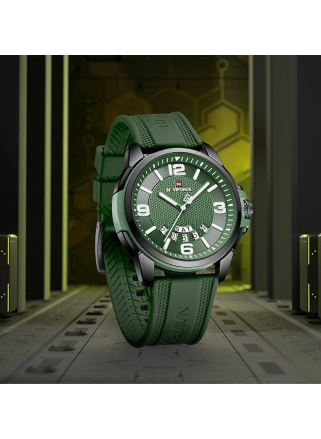 Stylish Mens Sports Watch with Green Dial Silicone Strap Quartz Movement Analog Display Water Resistant 30M Durable and Modern Design