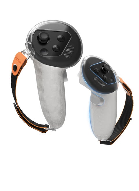 غطاء مقابض تحكم مطور لـ Meta أو Oculus Quest 3 غطاء سيليكون مريح مع تصميم تدليك الإبهام غير القابل للانزلاق وحزام تحكم متين من النايلون يحافظ على أوضاع الفتحات الدقيقة