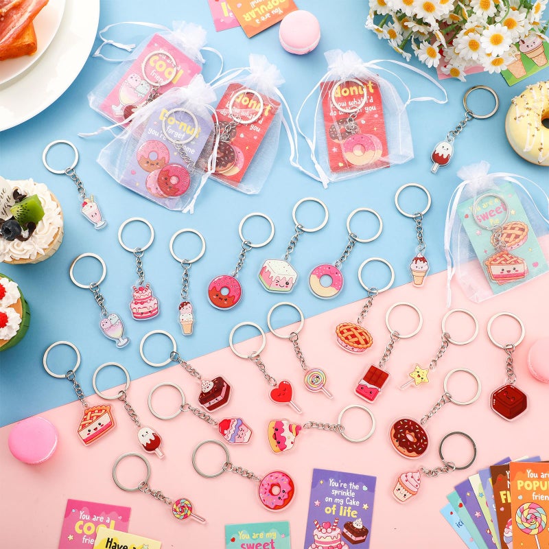Kigeli 48 Set Valentine's Day Cards for Classroom Exchange Gifts Sweet Dessert Valentine Keychains and Pun Note Cards Organza Bags for Valentines Party Favors Goodie Bags Stuffers School Events Prizes - Image 4