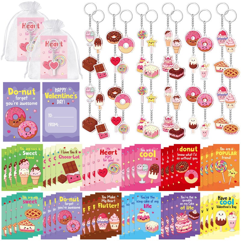 Kigeli 48 Set Valentine's Day Cards for Classroom Exchange Gifts Sweet Dessert Valentine Keychains and Pun Note Cards Organza Bags for Valentines Party Favors Goodie Bags Stuffers School Events Prizes - Image 1