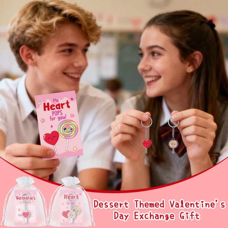 Kigeli 48 Set Valentine's Day Cards for Classroom Exchange Gifts Sweet Dessert Valentine Keychains and Pun Note Cards Organza Bags for Valentines Party Favors Goodie Bags Stuffers School Events Prizes - Image 2