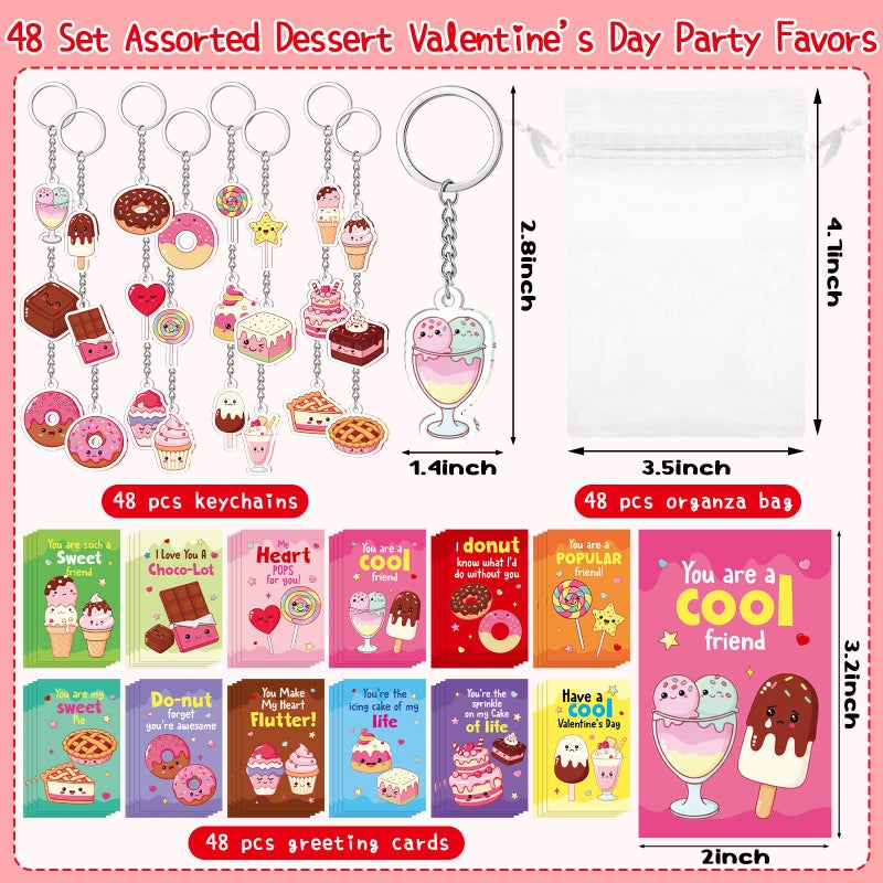 Kigeli 48 Set Valentine's Day Cards for Classroom Exchange Gifts Sweet Dessert Valentine Keychains and Pun Note Cards Organza Bags for Valentines Party Favors Goodie Bags Stuffers School Events Prizes - Image 3