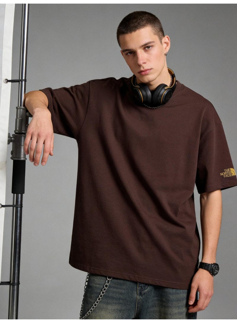 THE NORTH FACE Men's and women's T-shirts with the same style in the north face, high-grade cotton loose short sleeves with golden logo, retro street clothes for men and women. - Image 4