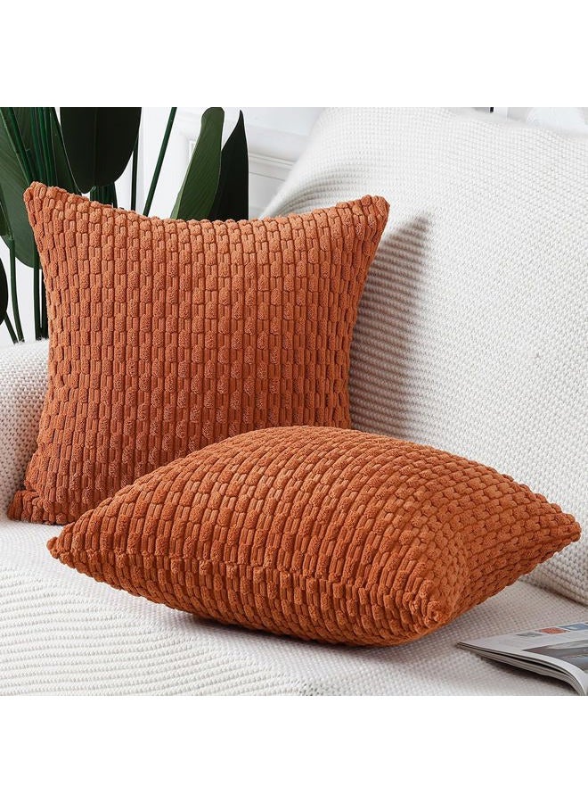 Madizz Pack of 2 Boho Striped Corduroy Cushion Covers 24x24 Inch Rust Soft Decorative Throw Pillow Covers for Bedroom Sofa Pillow Shell - Image 2