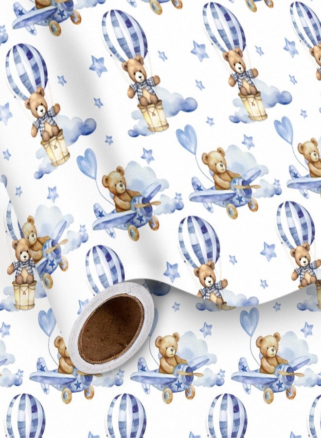 LeZakaa Baby Bear Wrapping Paper Roll, Blue Teddy Bear in Hot Air Balloon Design for Baby Boy Birthday, Baby Shower, Mini Roll, 17 inches x 9.8 Feet - Image 1
