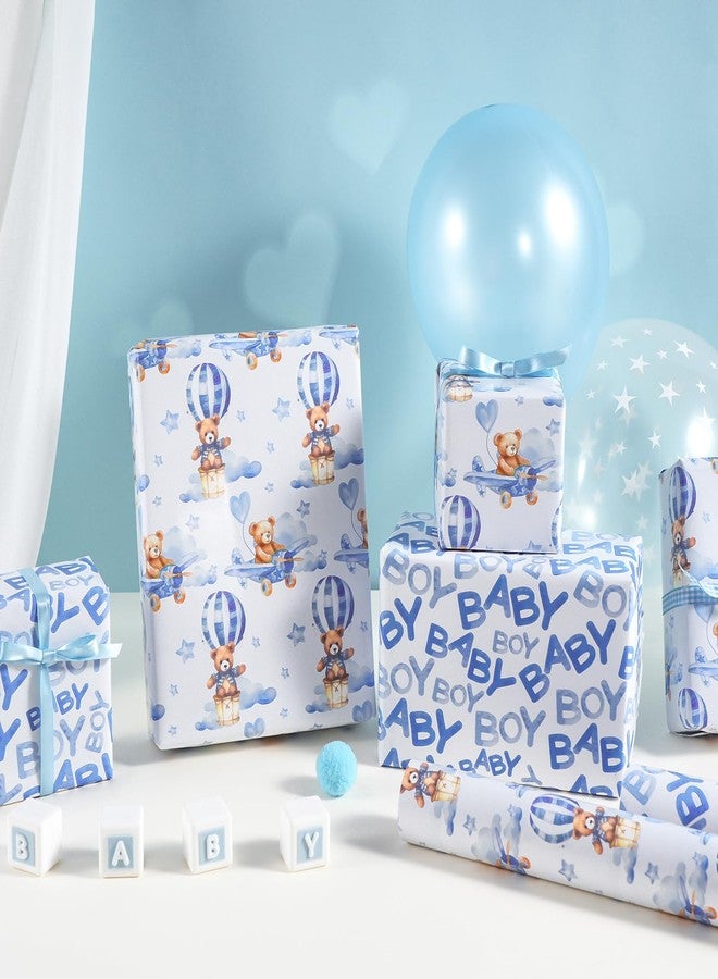 LeZakaa Baby Bear Wrapping Paper Roll, Blue Teddy Bear in Hot Air Balloon Design for Baby Boy Birthday, Baby Shower, Mini Roll, 17 inches x 9.8 Feet - Image 2