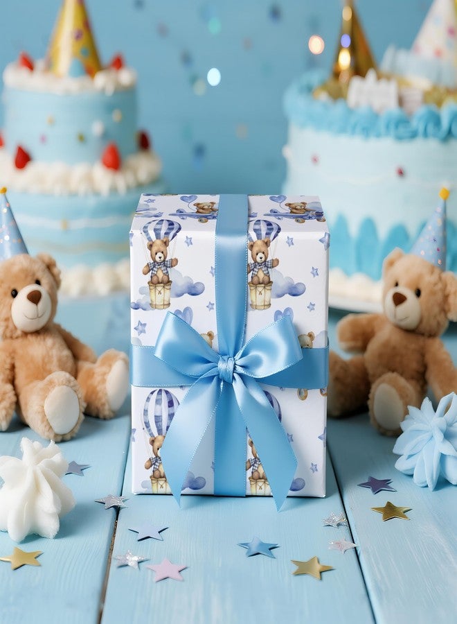 LeZakaa Baby Bear Wrapping Paper Roll, Blue Teddy Bear in Hot Air Balloon Design for Baby Boy Birthday, Baby Shower, Mini Roll, 17 inches x 9.8 Feet - Image 5