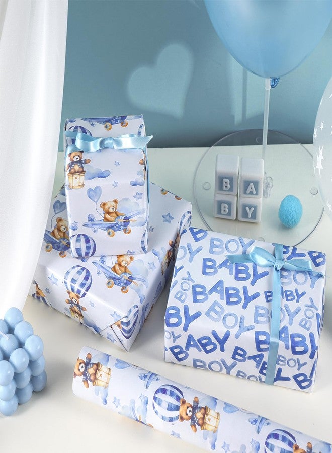 LeZakaa Baby Bear Wrapping Paper Roll, Blue Teddy Bear in Hot Air Balloon Design for Baby Boy Birthday, Baby Shower, Mini Roll, 17 inches x 9.8 Feet - Image 3