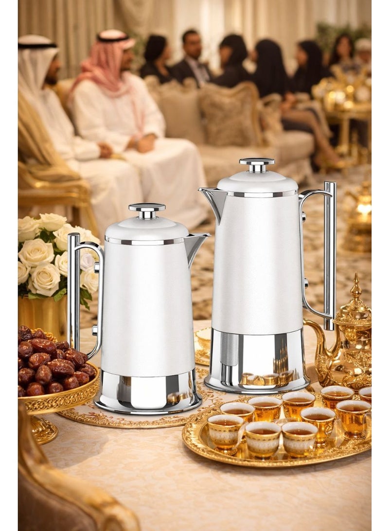 Lavin Luxury Flask Set 600ml+1Liter / Arabic Fashion Coffee (Kawa) & Tea Thermos /  Premium Glass Inner / Hot&Cold / White+Silver