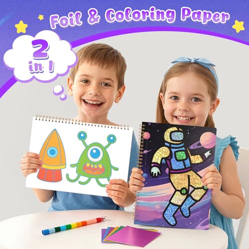 3 otters Foil Art for Kids Astronaut MessFree Painting Craft Kit 2 in 1 Travel Spiral Coloring Book Creative Toys for Boys Outer Space Party Favor Birthday DIY Gift - Image 5