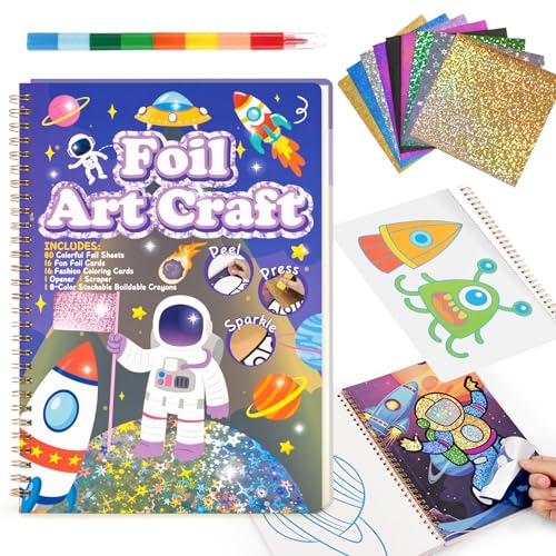 3 otters Foil Art for Kids Astronaut MessFree Painting Craft Kit 2 in 1 Travel Spiral Coloring Book Creative Toys for Boys Outer Space Party Favor Birthday DIY Gift - Image 1