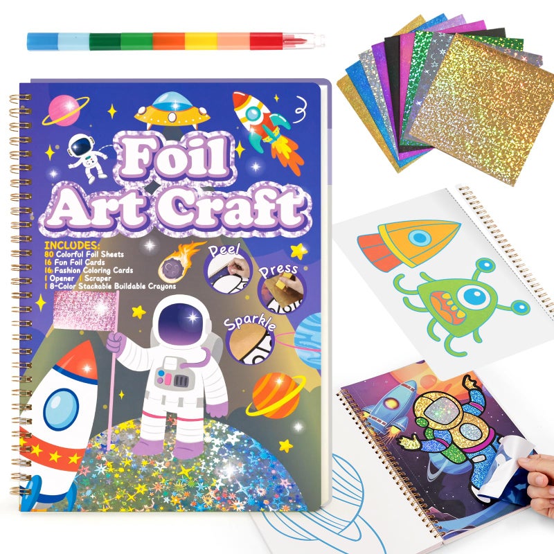 3 otters Foil Art for Kids Astronaut MessFree Painting Craft Kit 2 in 1 Travel Spiral Coloring Book Creative Toys for Boys Outer Space Party Favor Birthday DIY Gift - Image 3