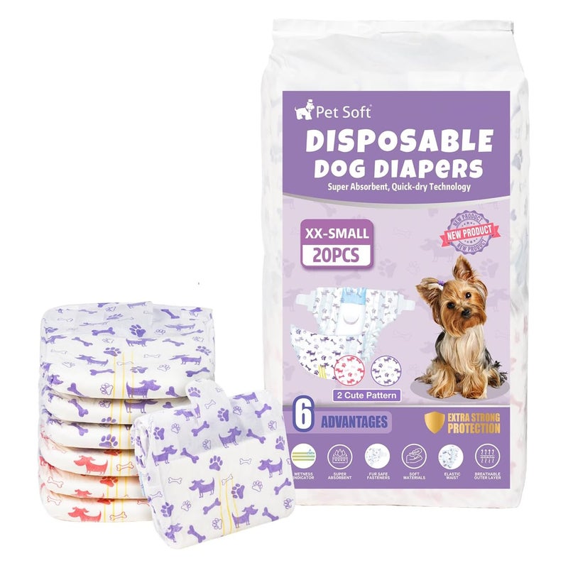 Pet Soft Female Dog Diapers - Disposable Doggie Diapers with Wetness Indicator, Puppy & Cat Diaper Super Absorbent, Fit for Female Dog in Heat or Incontinence, 20pcs (XXS, Mixed) - Image 1