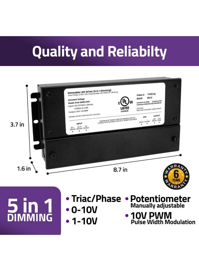 HitLights 24V 96W Dimmable LED Driver - Smooth Flicker Free Dimming - TRIAC, 0-10V, Phase Cut, & 10V PWM - Compatible with Lutron and Leviton Dimmer Switches, UL Listed, Class 2, 100-277V AC - 4A DC - Image 4