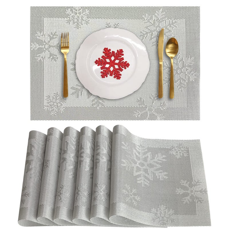RIMOBUL Christmas Placemats Set of 6 Woven Vinyl NonSlip Placemats Washable Table Mats AntiSkid Placemats for Kitchen Table Snow Silver