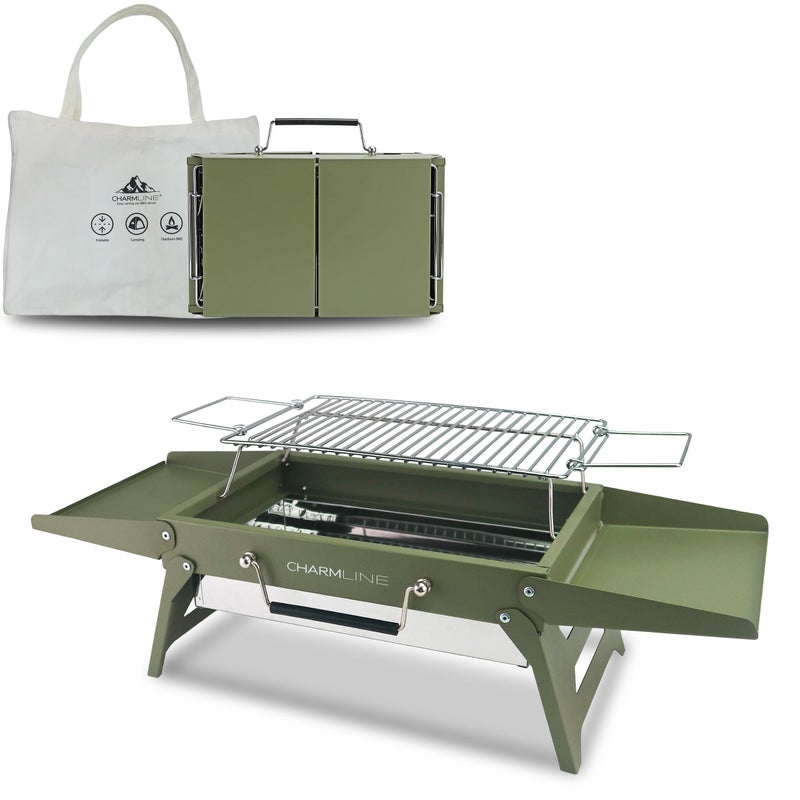 Charmline 14x9 inches Small Portable Charcoal Grill, Camping Gift for Outdoor Enthusias, Tabletop Charcoal Grills for Camping, Picnics, Gardens and Beach Parties, Green - Image 1