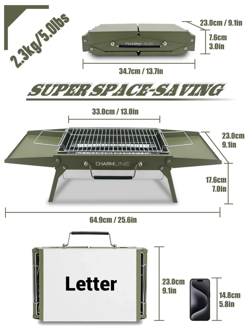 Charmline 14x9 inches Small Portable Charcoal Grill, Camping Gift for Outdoor Enthusias, Tabletop Charcoal Grills for Camping, Picnics, Gardens and Beach Parties, Green - Image 2