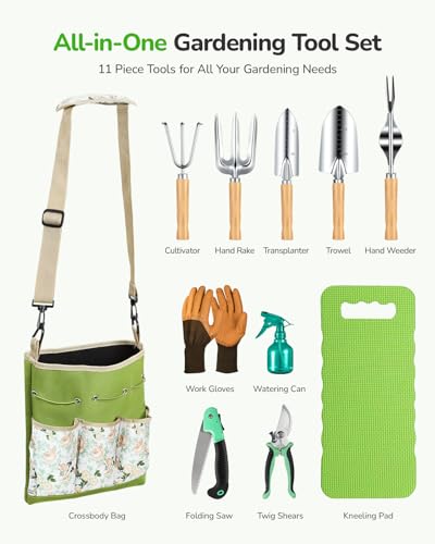 Grenebo AllinOne Garden Tool Set 11Piece Heavy Duty Gardening Tools with Ergonomic Canvas Shoulder Crossbody Bag RustProof Premium Garden Tool Kit Gardening Gift for Women Men Green GR003 - Image 3