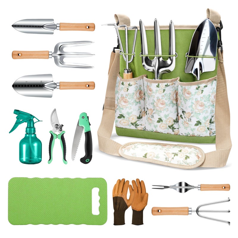 Grenebo AllinOne Garden Tool Set 11Piece Heavy Duty Gardening Tools with Ergonomic Canvas Shoulder Crossbody Bag RustProof Premium Garden Tool Kit Gardening Gift for Women Men Green GR003 - Image 2