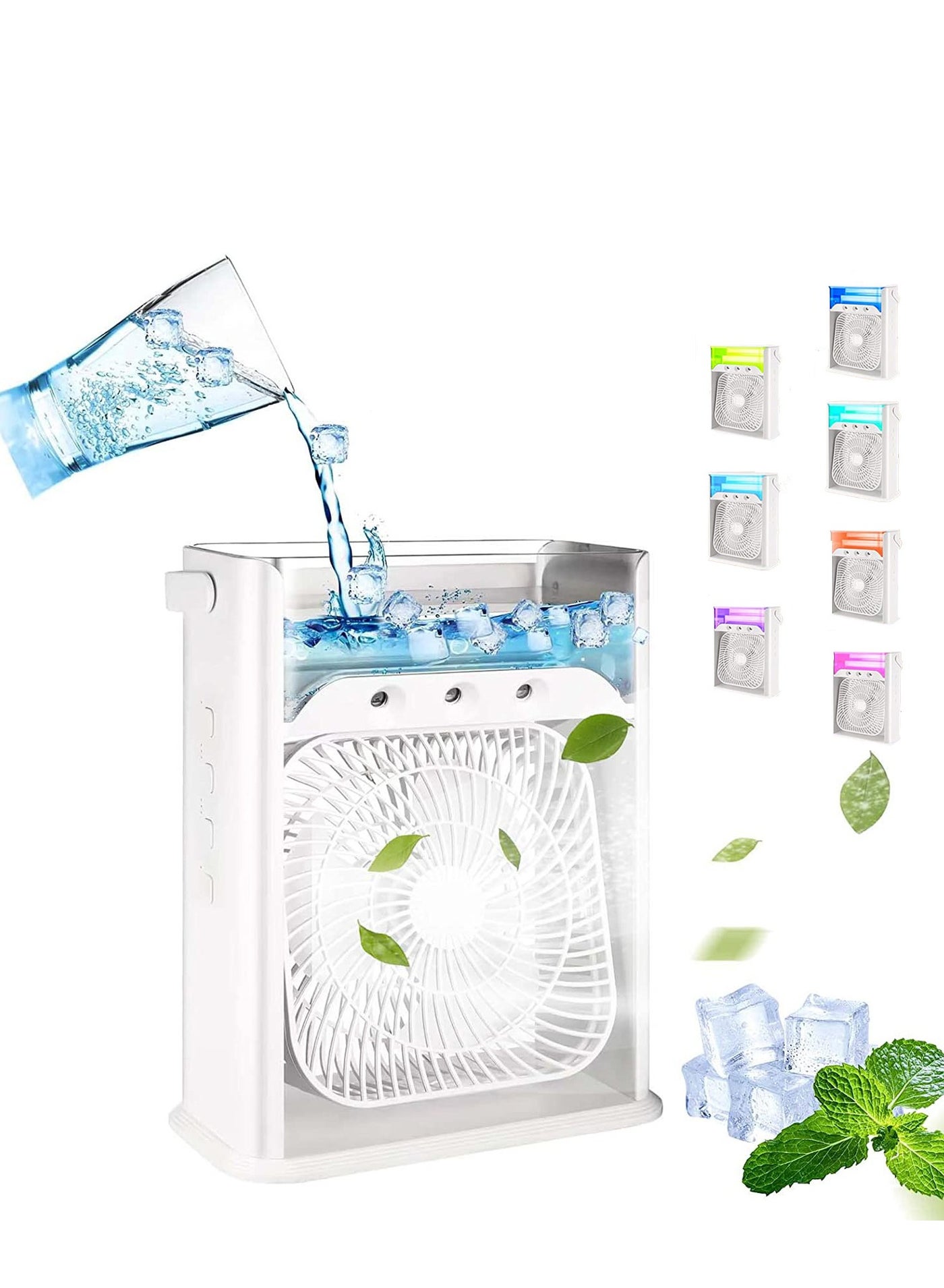 Water Cooling Fans Multifunctional 3-in-1 Portable Air Conditioner Fan Water Cooler Fan Air Humidifier 7 Colors Night Light USB Desktop Fan with 3 Adjustable Wind Speeds for Home Office Outdoor Use