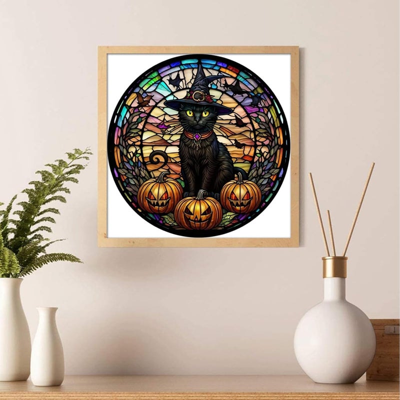 KICHANG Halloween Diamond Painting Diamond Art Kits for Adults,Stained Glass Black Cat Diamond Art,5D Diamond Painting Accessories Diamond Art Kits,Round Full Drill Art Kits- Decor&Gift-11.8x11.8in - Image 4