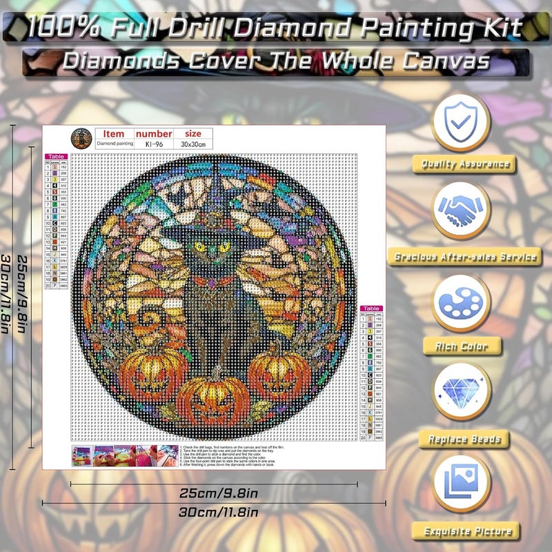 KICHANG Halloween Diamond Painting Diamond Art Kits for Adults,Stained Glass Black Cat Diamond Art,5D Diamond Painting Accessories Diamond Art Kits,Round Full Drill Art Kits- Decor&Gift-11.8x11.8in - Image 2