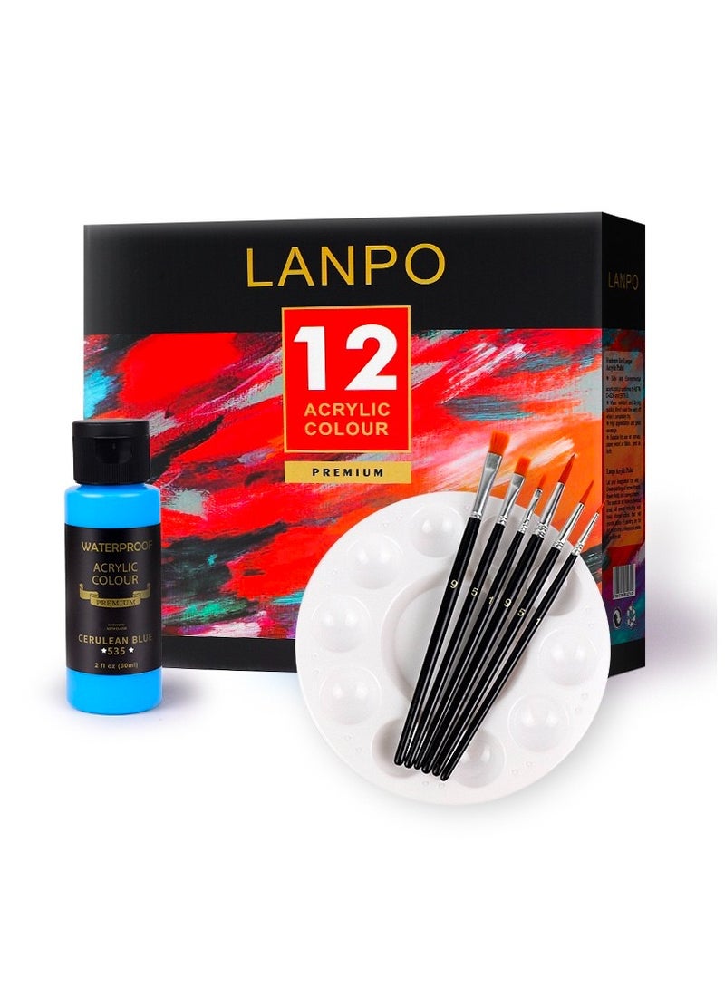 Lanpo مجموعة ألوان أكريليك مكونة من 12 لونًا (60 مل/2 أونصة)، مجموعة فنية للرسم مع 6 فرش ولوحة واحدة، للرسم على القماش والصخور والخشب - مجموعة غير سامة مثالية للحرف اليدوية والفنانين المبتدئين - Image 1