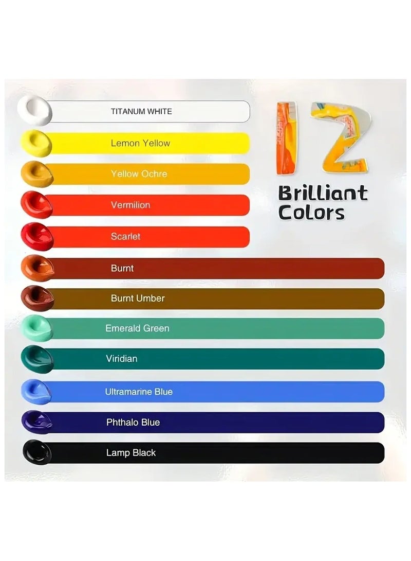 Lanpo مجموعة ألوان أكريليك مكونة من 12 لونًا (60 مل/2 أونصة)، مجموعة فنية للرسم مع 6 فرش ولوحة واحدة، للرسم على القماش والصخور والخشب - مجموعة غير سامة مثالية للحرف اليدوية والفنانين المبتدئين - Image 2