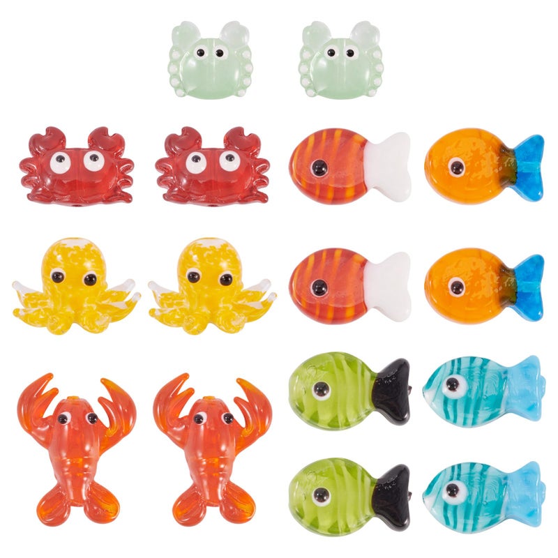Beadthoven 16Pcs Sea Animals Bumpy Lampwork Glass Beads Cute 3D Ocean Marine Life Handmade Lampwork Murano Bead Charm Crab Fish Octopus Lobster Cartoon Cute Spacers for Jewelry Making DIY Crafts