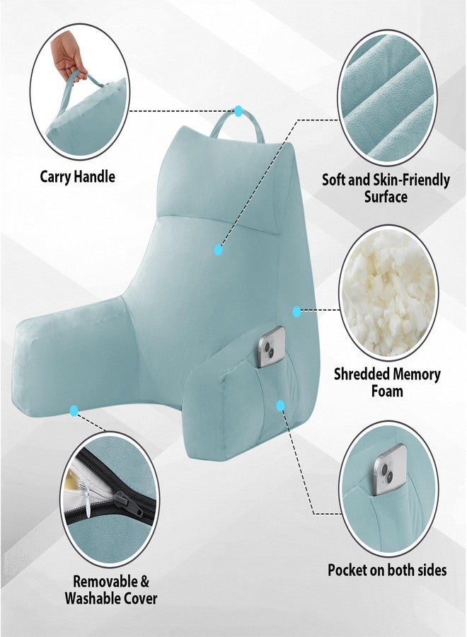 IPYNBAP Reading Pillow with Arms For Adult, Back Pillow for Bed Sitting Up, Shredded Memory Foam Backrest Pillow with Pockets & Removable Washable Cover, Lounging, Watching TV, Reading(Lake Blue 18in) - Image 3