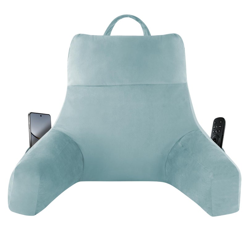 IPYNBAP Reading Pillow with Arms For Adult, Back Pillow for Bed Sitting Up, Shredded Memory Foam Backrest Pillow with Pockets & Removable Washable Cover, Lounging, Watching TV, Reading(Lake Blue 18in) - Image 1