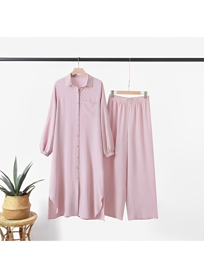 ريوكل طقم نسائي مسلم مكون من قطعتين يتكون من قميص بأكمام طويلة وأزرار وبنطلون عباية فستان كاجوال ملابس دبي - Image 3