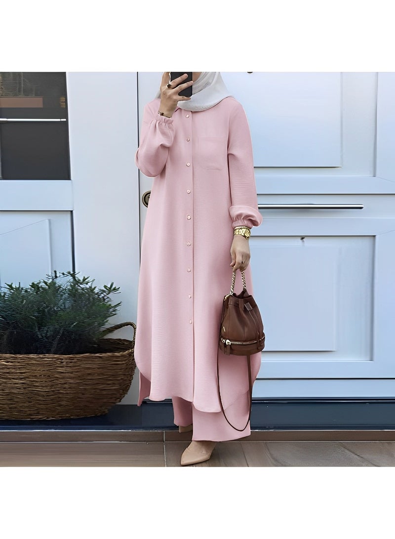ريوكل طقم نسائي مسلم مكون من قطعتين يتكون من قميص بأكمام طويلة وأزرار وبنطلون عباية فستان كاجوال ملابس دبي - Image 2