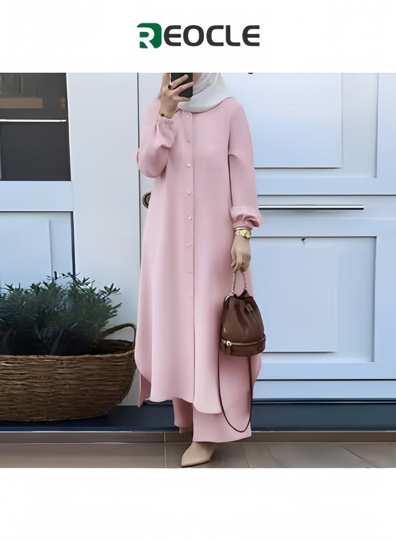 ريوكل طقم نسائي مسلم مكون من قطعتين يتكون من قميص بأكمام طويلة وأزرار وبنطلون عباية فستان كاجوال ملابس دبي - Image 1