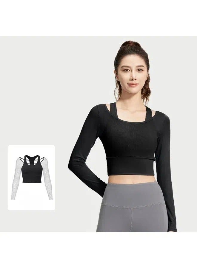 Mesh fake two-piece yoga clothes, long-sleeved spring and autumn bra-free sports fitness clothes tops - Image 1