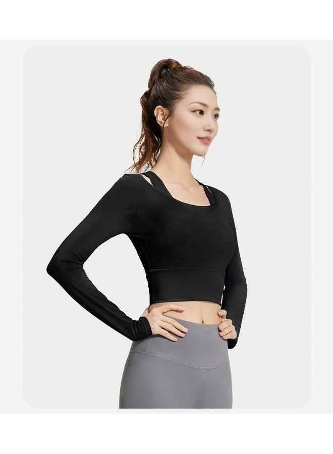 Mesh fake two-piece yoga clothes, long-sleeved spring and autumn bra-free sports fitness clothes tops - Image 4