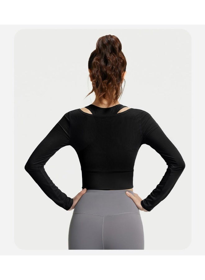 Mesh fake two-piece yoga clothes, long-sleeved spring and autumn bra-free sports fitness clothes tops - Image 3