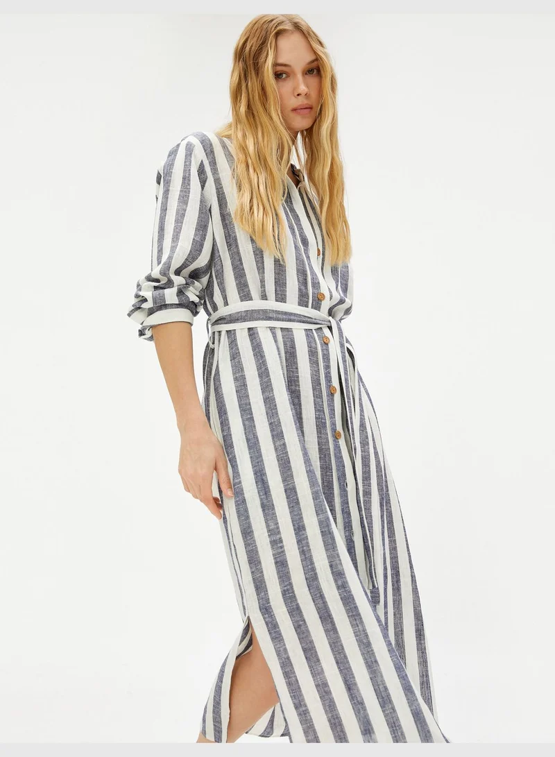 KOTON Linen Blended Shirt Dress Belt Detail