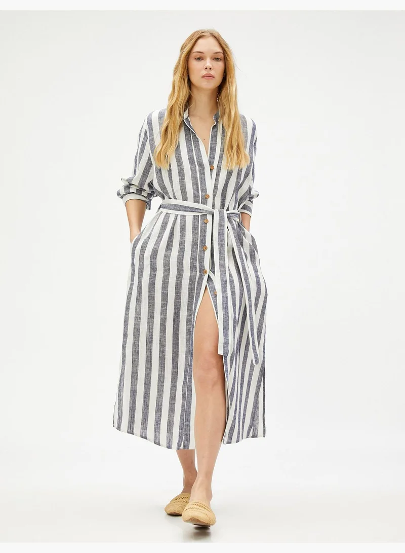 KOTON Linen Blended Shirt Dress Belt Detail