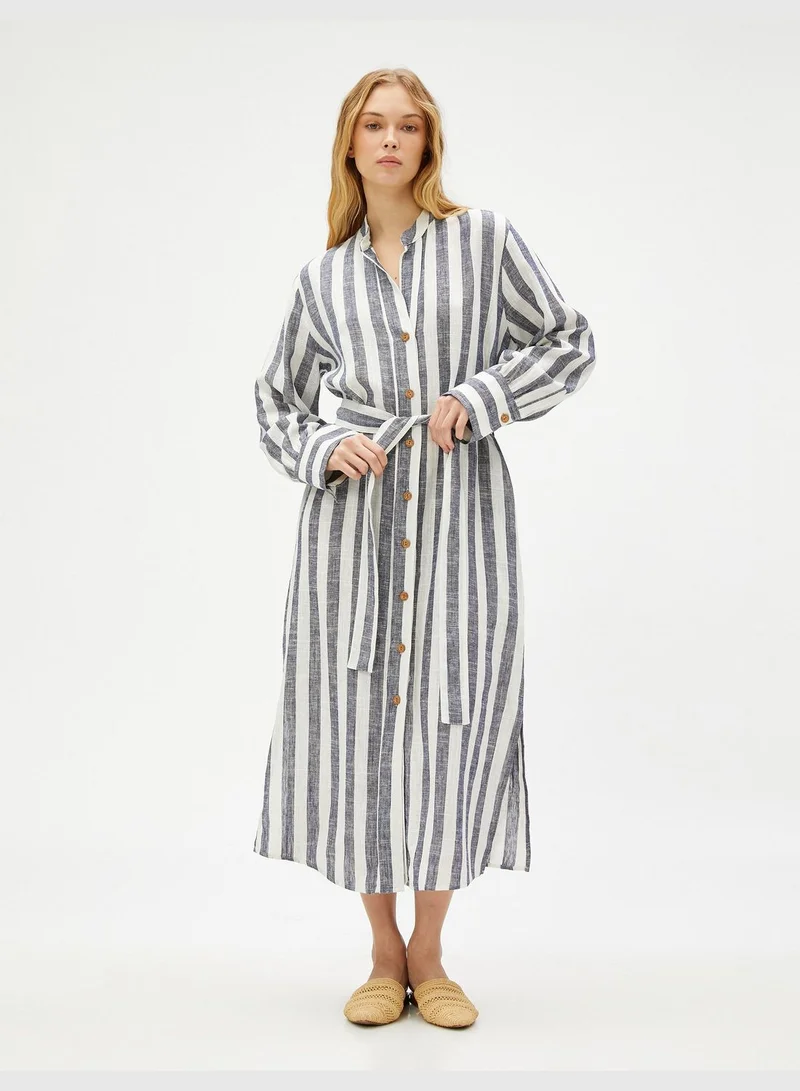 KOTON Linen Blended Shirt Dress Belt Detail