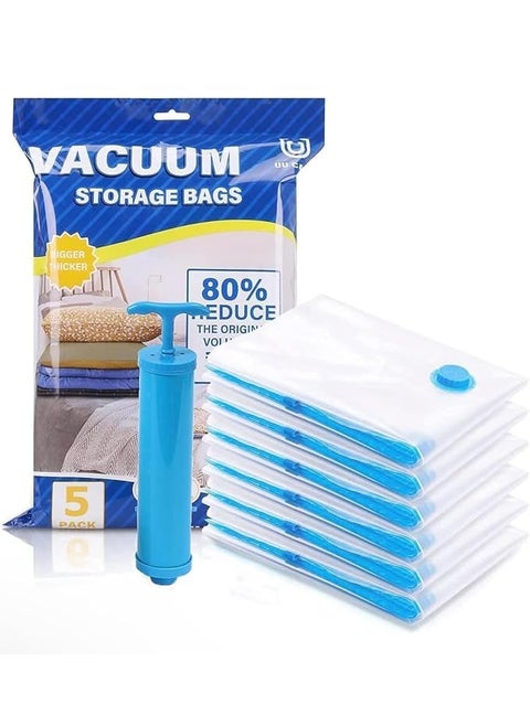 Dhanurdhar Compression Storage Bags 5 Pack LargeMediumSmall Sizes Vacuum Sealing for Clothes Storage Bedding Comforters Blankets Airtight Reusable ziplock Bag with Travelling Hand Pump