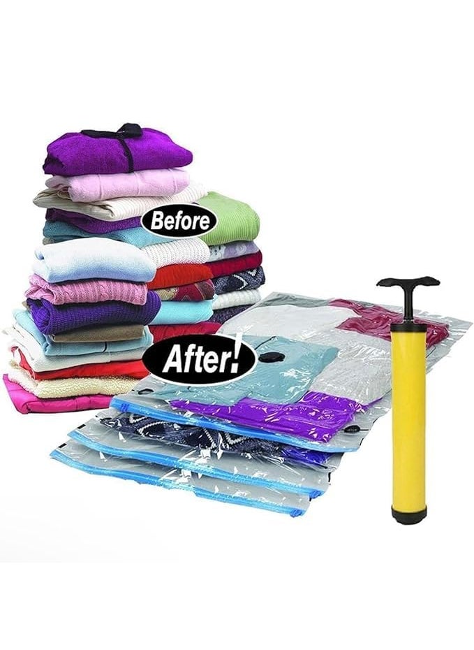 Dhanurdhar Compression Storage Bags 5 Pack LargeMediumSmall Sizes Vacuum Sealing for Clothes Storage Bedding Comforters Blankets Airtight Reusable ziplock Bag with Travelling Hand Pump