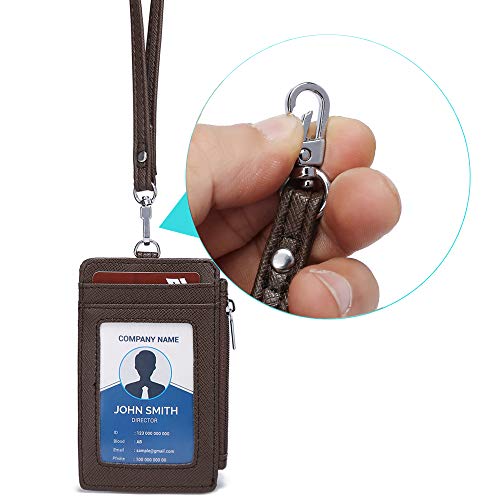 Leamekor ID Badge Holder with Neck Lanyard PU Leather ID Badge Wallet Case with 1 ID Window, 4 Card Slots, 1 Side Zipper Pocket (Coffee) - Image 5