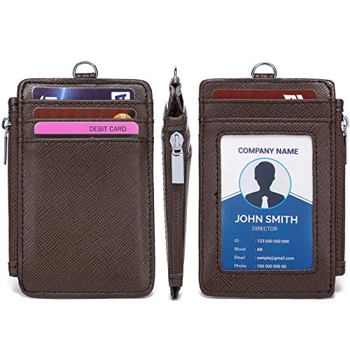 Leamekor ID Badge Holder with Neck Lanyard PU Leather ID Badge Wallet Case with 1 ID Window, 4 Card Slots, 1 Side Zipper Pocket (Coffee) - Image 3