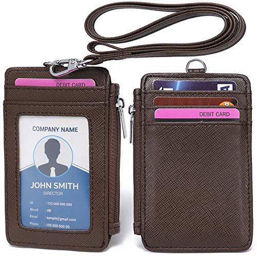 Leamekor ID Badge Holder with Neck Lanyard PU Leather ID Badge Wallet Case with 1 ID Window, 4 Card Slots, 1 Side Zipper Pocket (Coffee) - Image 1